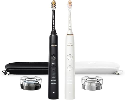 Philips Sonicare DiamondClean Connected Electric Toothbrush 2 Pack, x2 Sonic Toothbrushes, x2 Charging Travel Cases, x2 A3 Brush Heads, 12 Brushing Settings, (Black and Rose Gold) Model HX9912/71