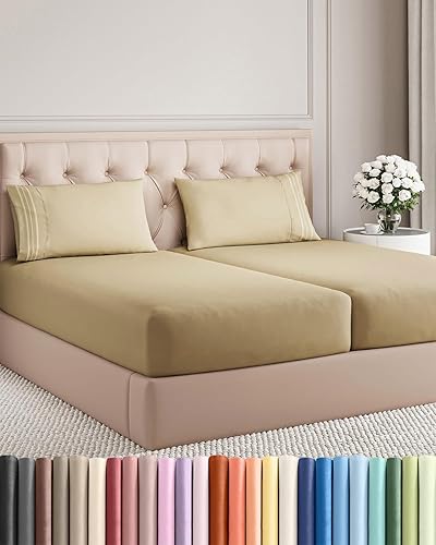 Split King Size 5 Piece Sheet Set - Comfy Breathable & Cooling Bed Sheets Set - Hotel Luxury Bedding for Women, Men, Kids, Teens, Boys & Girls - Deep Pockets, Soft and Wrinkle Free - Oeko-Tex - Beige
