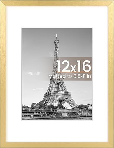 upsimples 12x16 Picture Frame, Display Pictures 8.5x11 with Mat or 12x16 Without Mat, Wall Hanging Photo Frame, Gold, 1 Pack