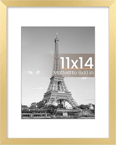 upsimples 11x14 Picture Frame, Display Pictures 8x10 with Mat or 11x14 Without Mat, Wall Hanging Photo Frame, Gold, 1 Pack
