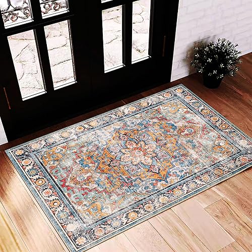 CHAMPLANT 2'x3' Washable Area Rug Door Mat Vintage Doormat Indoor Entrance Traditional Thin Floral Print Non Slip Carpet for Kitchen Bathroom Bedroom Living Room